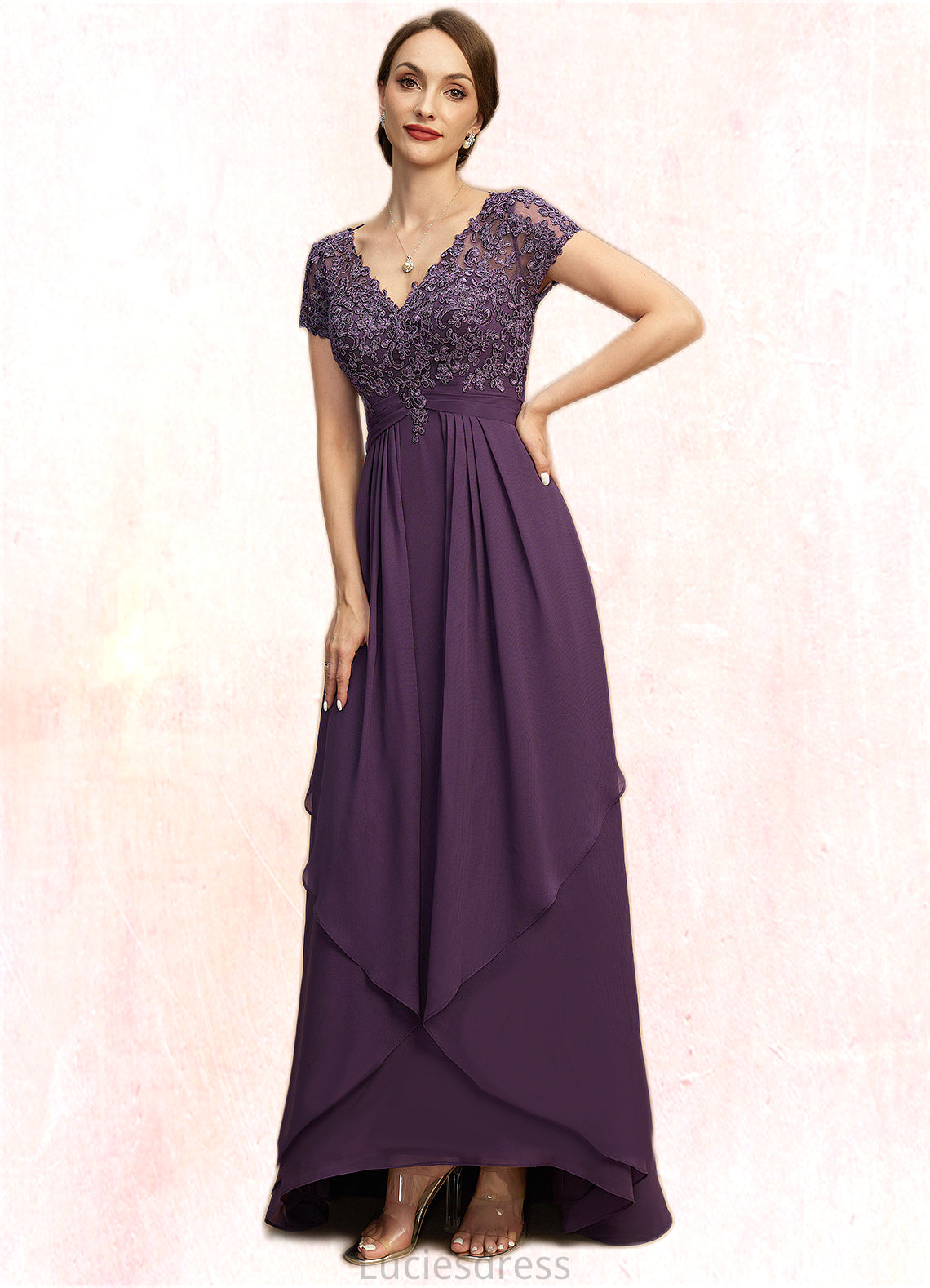 Genevieve A-line V-Neck Asymmetrical Chiffon Lace Mother of the Bride Dress With Cascading Ruffles HFP0021899