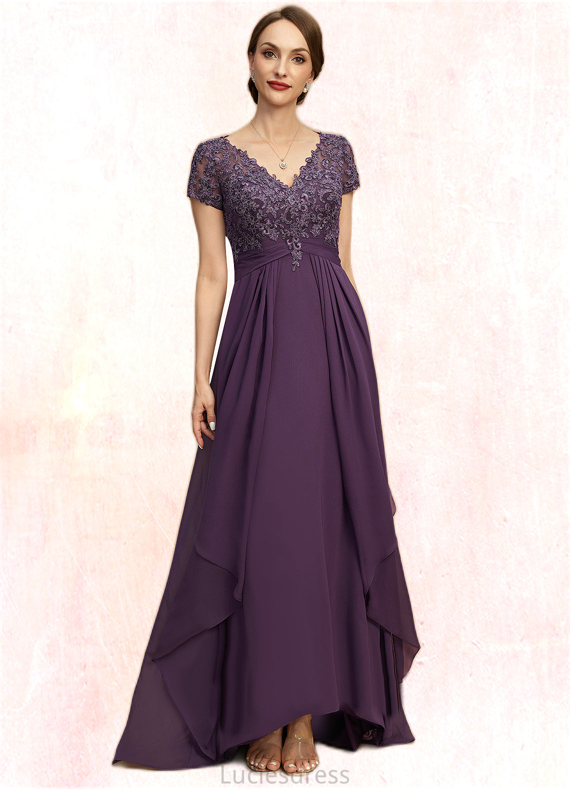 Genevieve A-line V-Neck Asymmetrical Chiffon Lace Mother of the Bride Dress With Cascading Ruffles HFP0021899