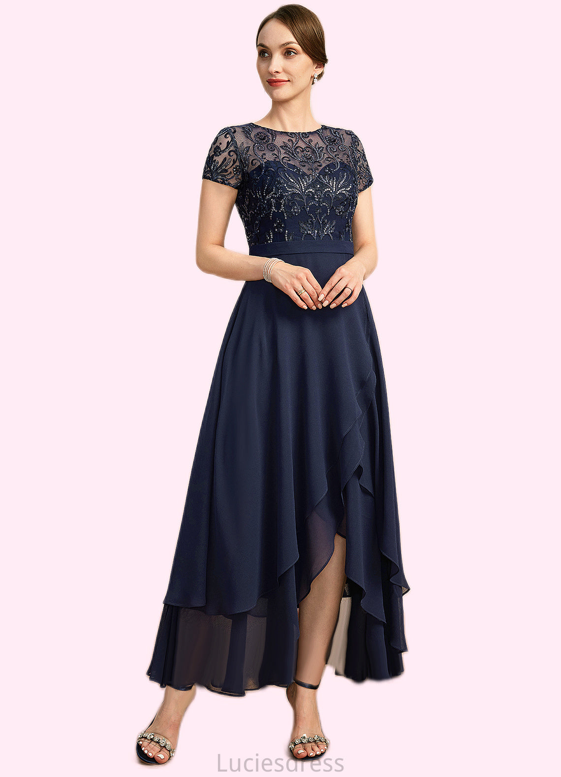Kathleen A-line Scoop Illusion Asymmetrical Chiffon Lace Mother of the Bride Dress With Sequins HFP0021902