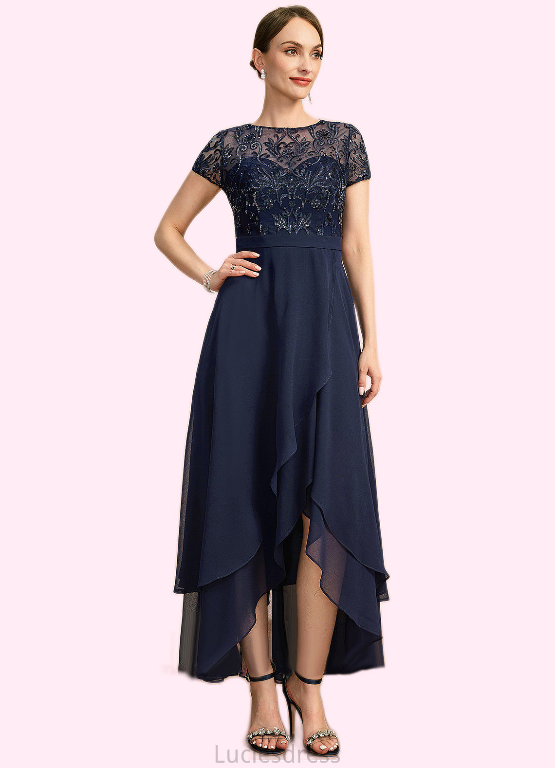 Kathleen A-line Scoop Illusion Asymmetrical Chiffon Lace Mother of the Bride Dress With Sequins HFP0021902