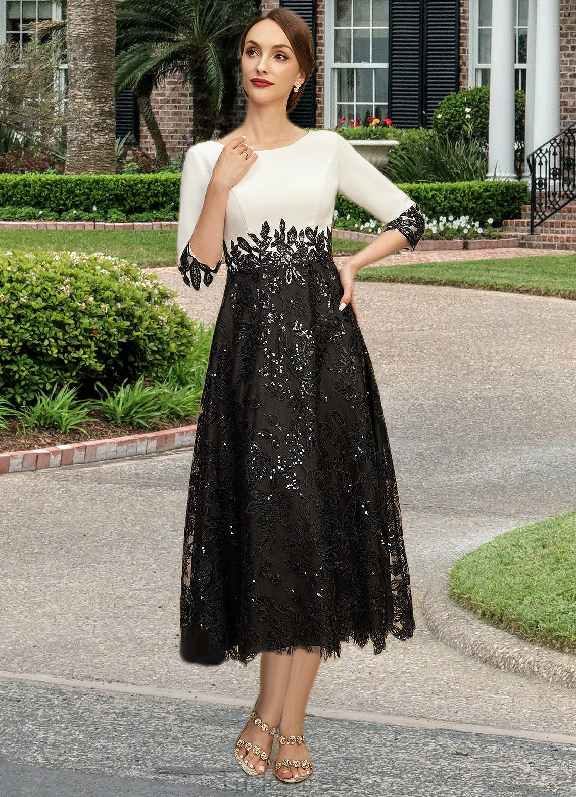 Carlee A-line Scoop Tea-Length Chiffon Lace Mother of the Bride Dress With Sequins HFP0021903