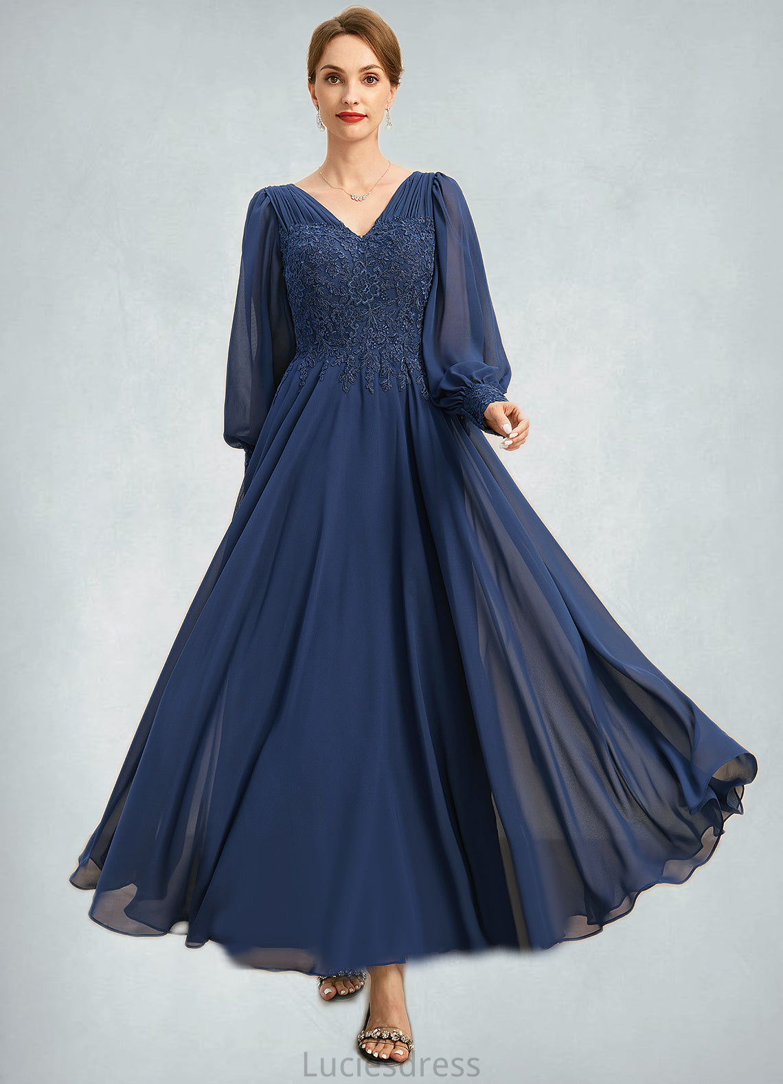 Angeline A-line V-Neck Ankle-Length Chiffon Lace Mother of the Bride Dress With Pleated HFP0021908