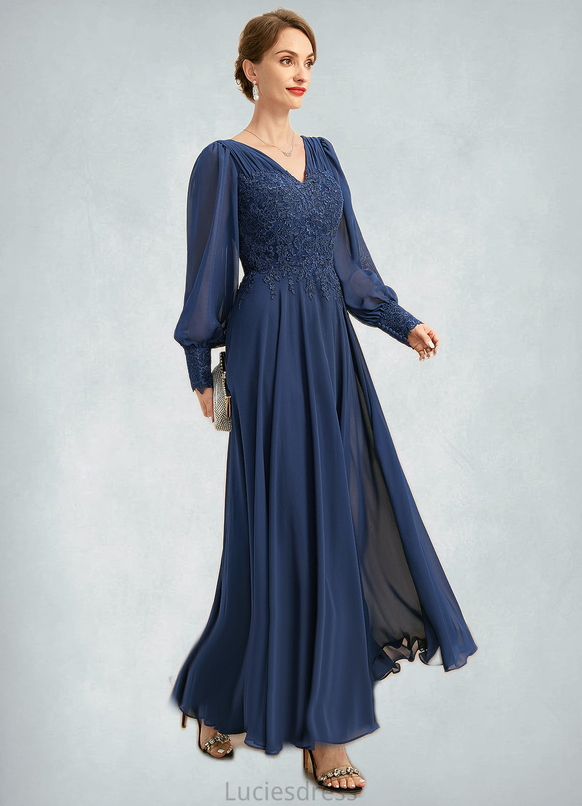 Angeline A-line V-Neck Ankle-Length Chiffon Lace Mother of the Bride Dress With Pleated HFP0021908
