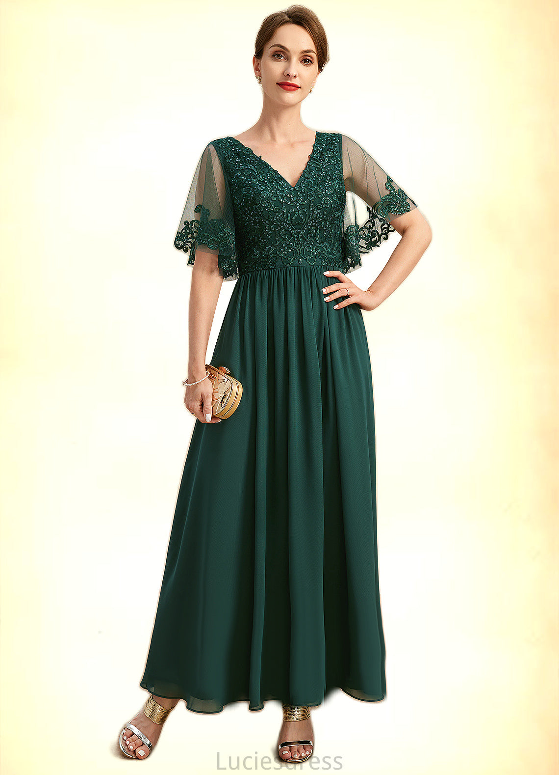 Mariah A-line V-Neck Ankle-Length Chiffon Lace Mother of the Bride Dress With Sequins HFP0021914