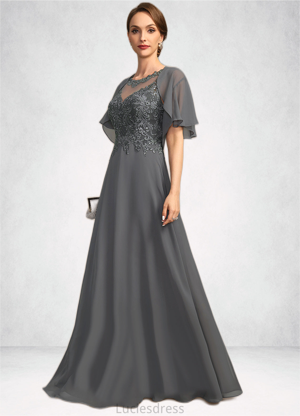 Valentina A-line Scoop Illusion Floor-Length Chiffon Lace Mother of the Bride Dress With Sequins HFP0021921