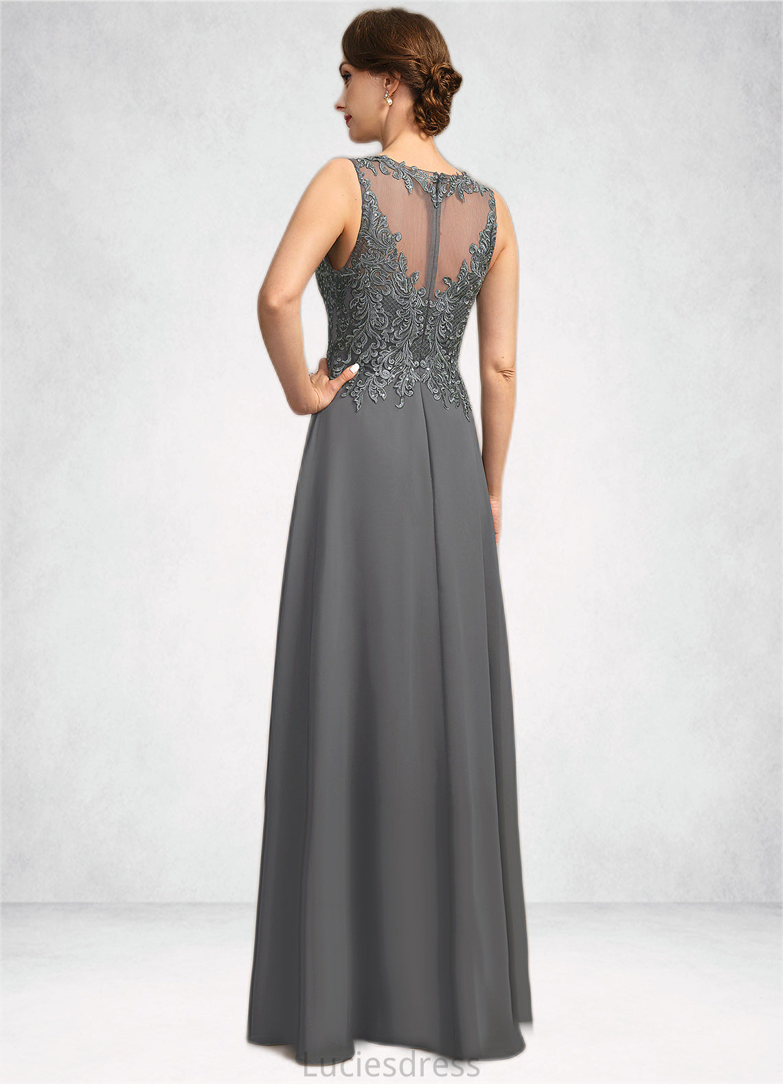Valentina A-line Scoop Illusion Floor-Length Chiffon Lace Mother of the Bride Dress With Sequins HFP0021921