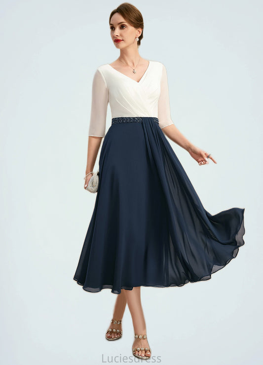 Annalise A-line V-Neck Tea-Length Chiffon Mother of the Bride Dress With Beading Pleated HFP0021923
