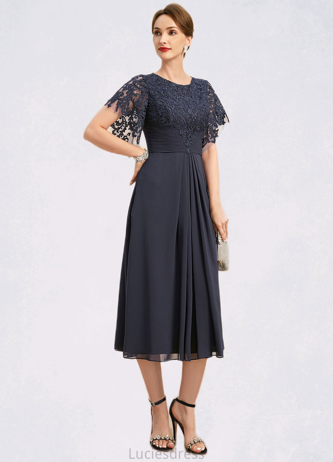 Gemma A-line Scoop Tea-Length Chiffon Lace Mother of the Bride Dress With Pleated HFP0021928