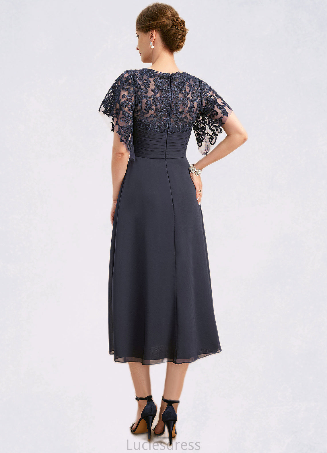 Gemma A-line Scoop Tea-Length Chiffon Lace Mother of the Bride Dress With Pleated HFP0021928