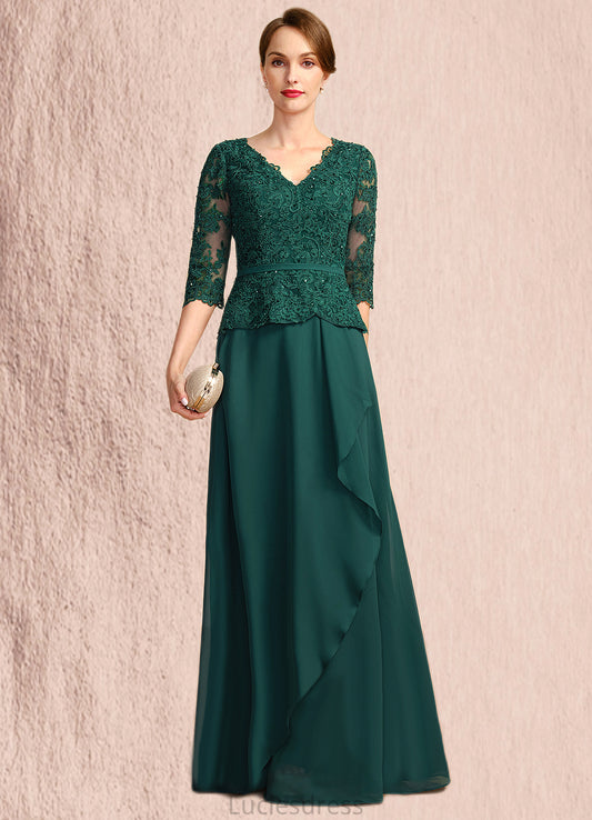 Alison A-line V-Neck Floor-Length Chiffon Lace Mother of the Bride Dress With Cascading Ruffles Sequins HFP0021934