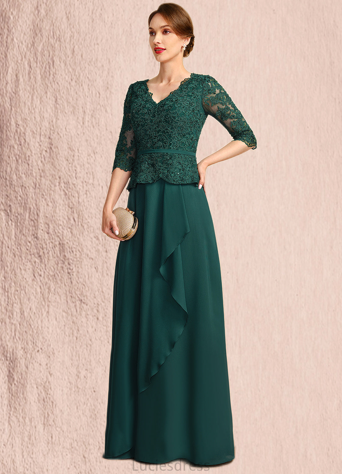 Alison A-line V-Neck Floor-Length Chiffon Lace Mother of the Bride Dress With Cascading Ruffles Sequins HFP0021934