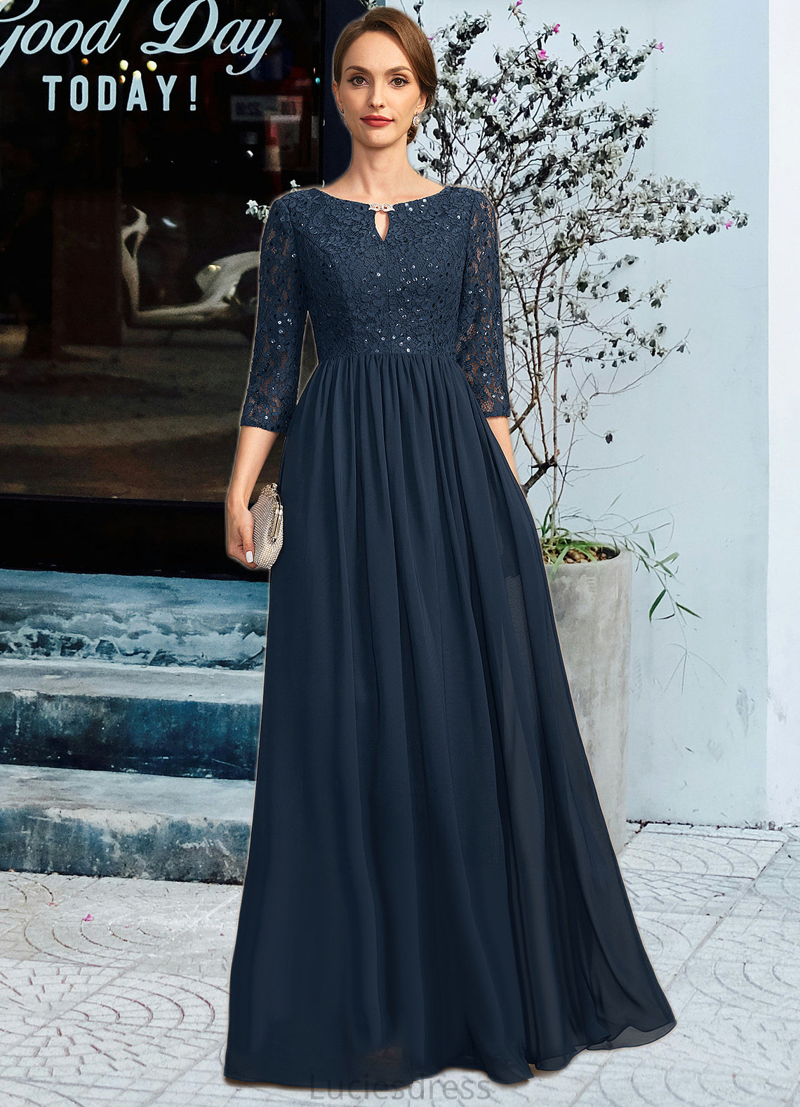 Salome A-line Scoop Floor-Length Chiffon Lace Mother of the Bride Dress With Crystal Brooch Sequins HFP0021961