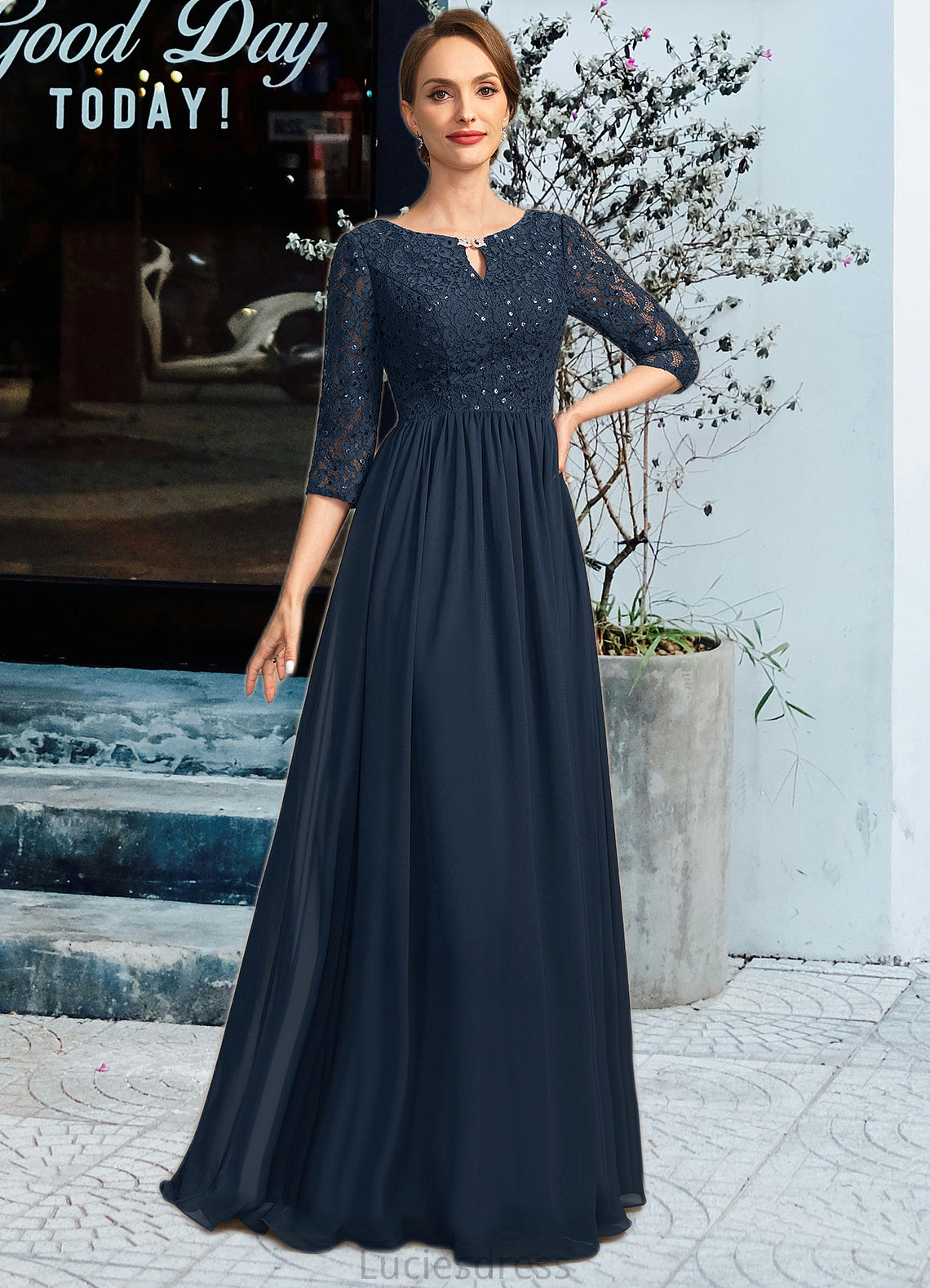 Salome A-line Scoop Floor-Length Chiffon Lace Mother of the Bride Dress With Crystal Brooch Sequins HFP0021961