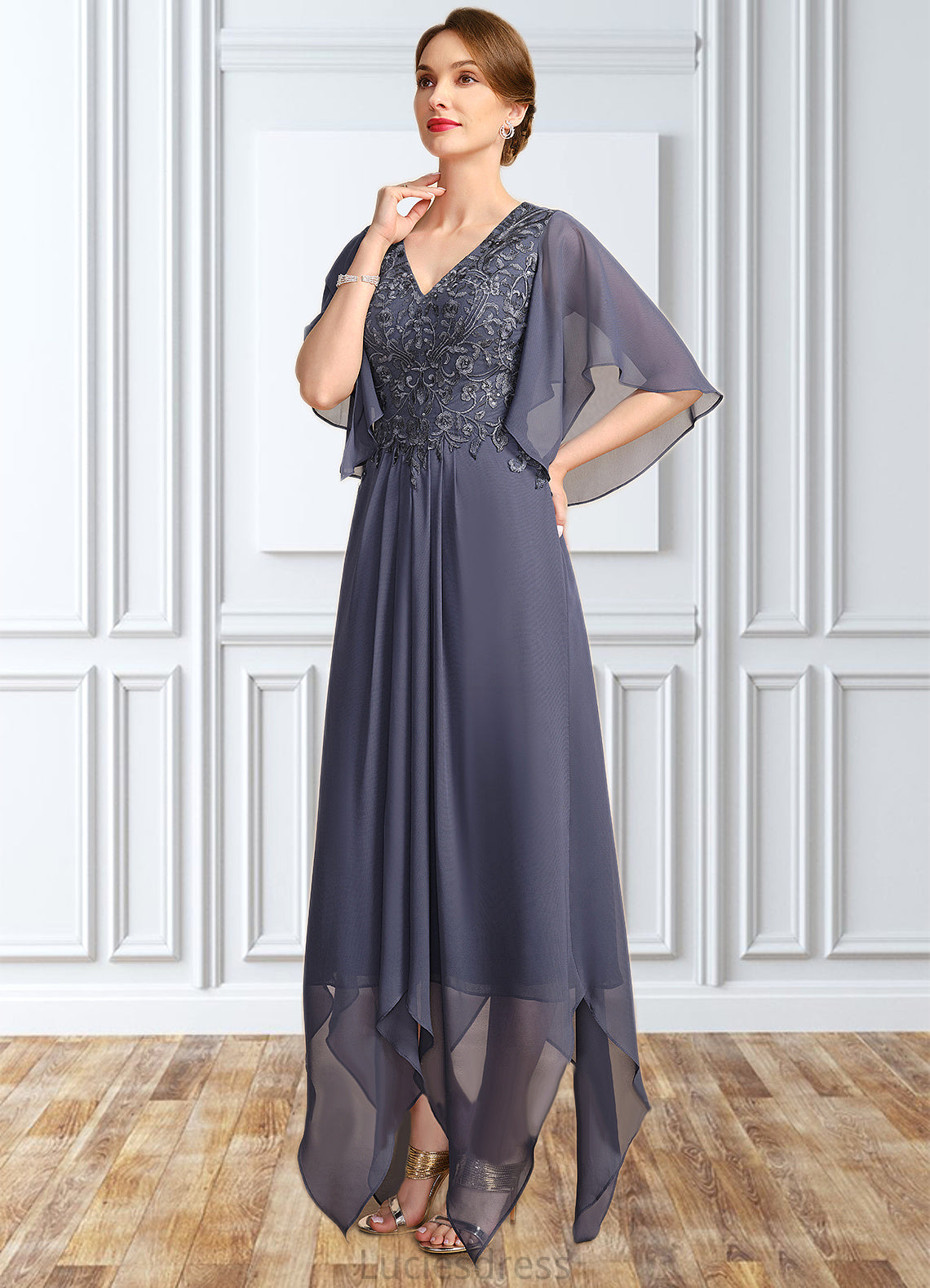 Viola A-line V-Neck Floor-Length Chiffon Lace Mother of the Bride Dress With Sequins HFP0021963