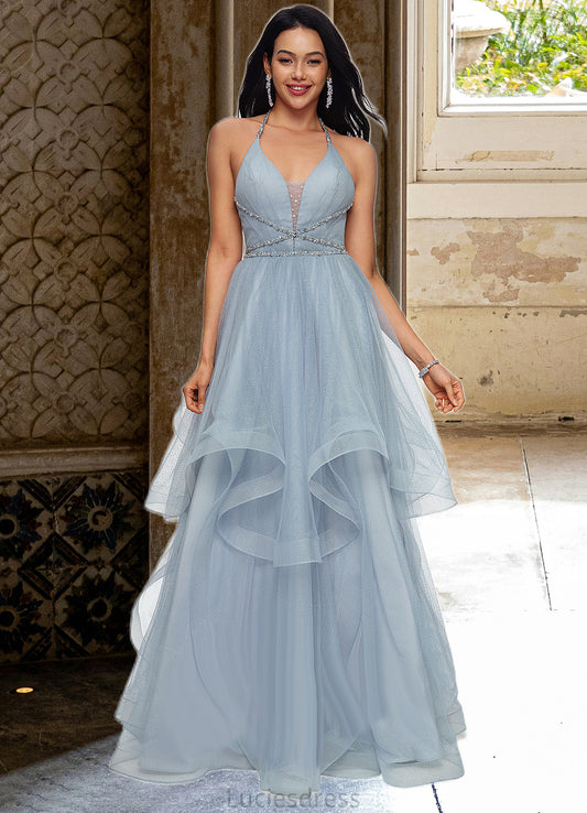 Aileen Ball-Gown/Princess Halter V-Neck Floor-Length Tulle Prom Dresses With Beading Rhinestone Sequins HFP0022199
