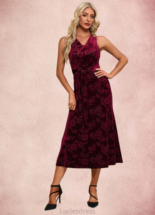 Sariah Flower V-Neck Elegant A-line Velvet Midi Dresses HFP0022504
