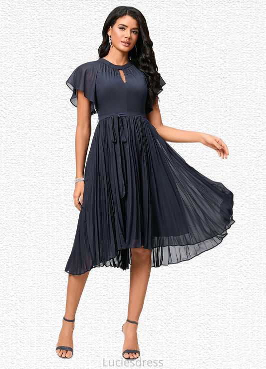 Tabitha A-line Scoop Asymmetrical Chiffon Cocktail Dress With Bow Pleated HFP0022530