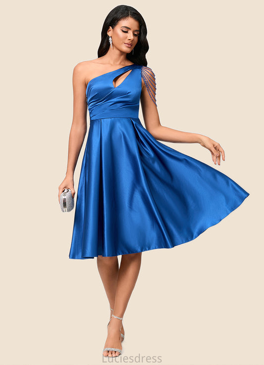 Belen A-line One Shoulder Knee-Length Satin Cocktail Dress With Beading Pleated HFP0022531