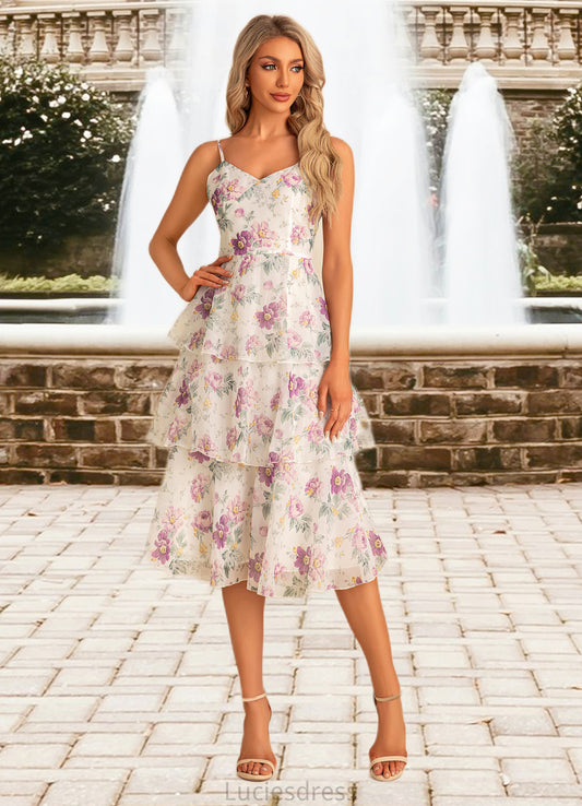 Carleigh A-line V-Neck Tea-Length Chiffon Bridesmaid Dress With Cascading Ruffles Floral Print HFP0022567