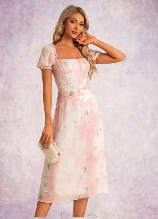 Elsie A-line Square Tea-Length Chiffon Bridesmaid Dress With Floral Print HFP0022570