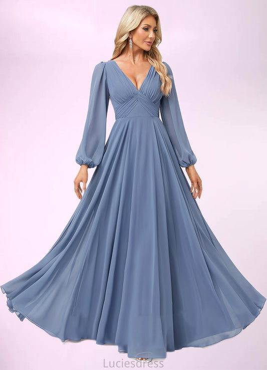 Jaylyn A-line V-Neck Floor-Length Chiffon Bridesmaid Dress HFP0022579