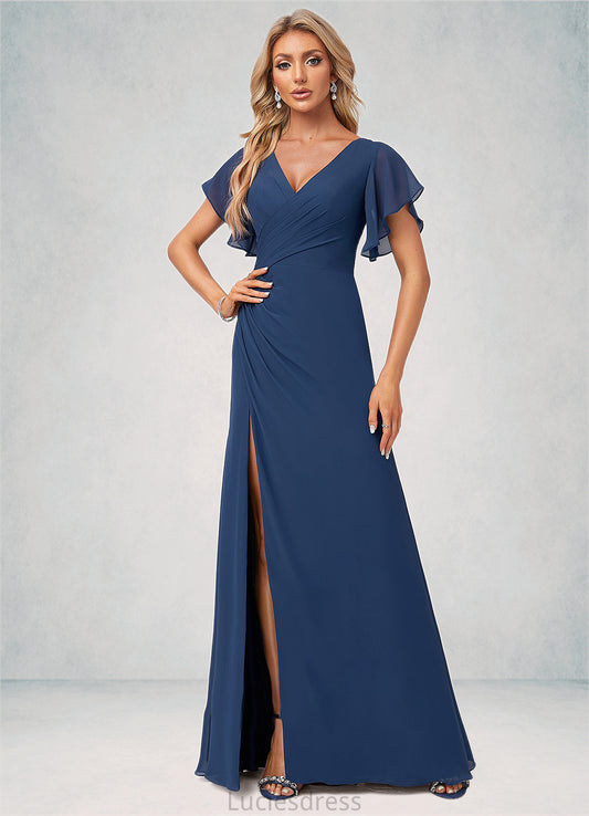 Kaitlynn A-line V-Neck Floor-Length Chiffon Bridesmaid Dress With Ruffle HFP0022582