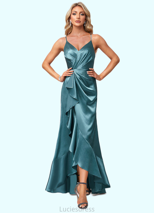 Eileen A-line V-Neck Asymmetrical Stretch Satin Bridesmaid Dress With Ruffle HFP0022584