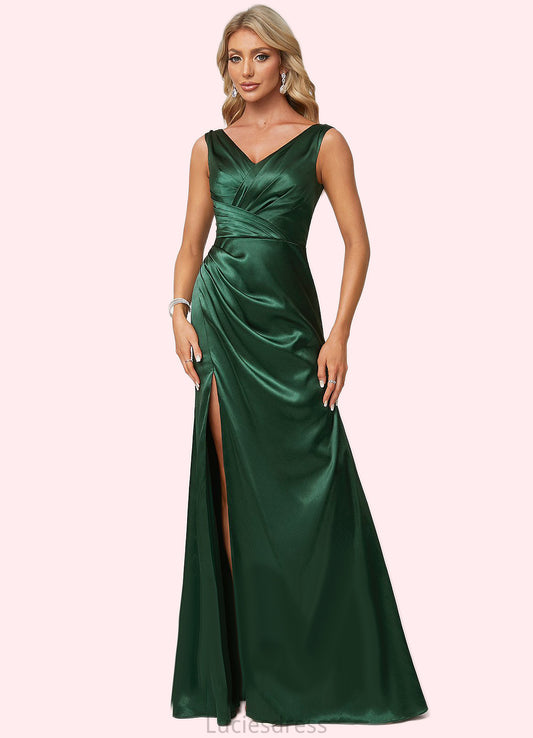 Cynthia A-line V-Neck Floor-Length Stretch Satin Bridesmaid Dress HFP0022590