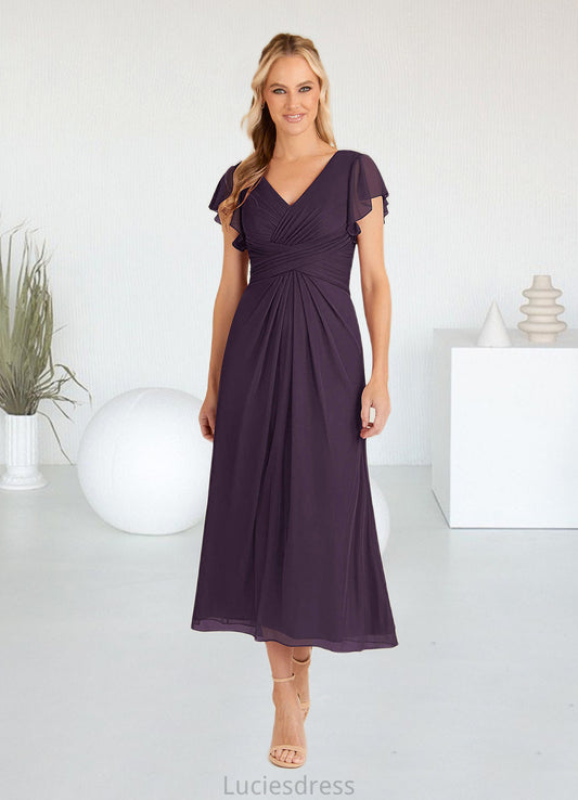 Evelyn A-Line V-Neck Pleated Mesh Tea-Length Dress HFP0022626