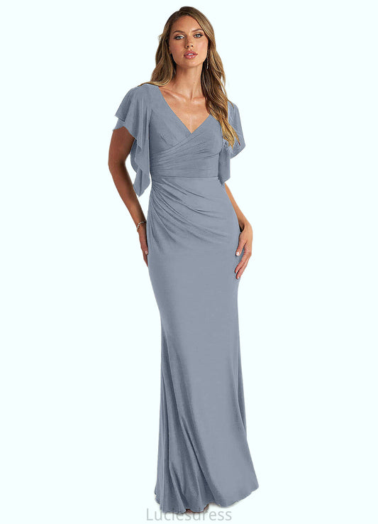 Lilianna A-Line Ruched Luxe Knit Floor-Length Dress dusty blue HFP0022735