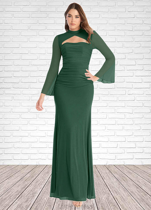 Denisse Mermaid Long Sleeve Mesh Floor-Length Dress Dark Green HFP0022737