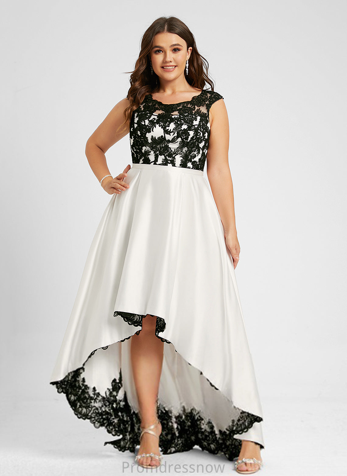 A-Line Satin Illusion Prom Dresses Lace Scoop Asymmetrical Justine
