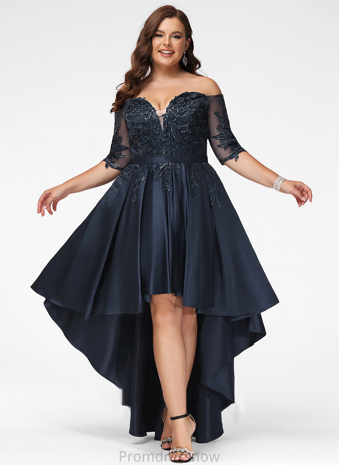 Asymmetrical Off-the-Shoulder Prom Dresses A-Line Lace Meadow Sequins With Satin