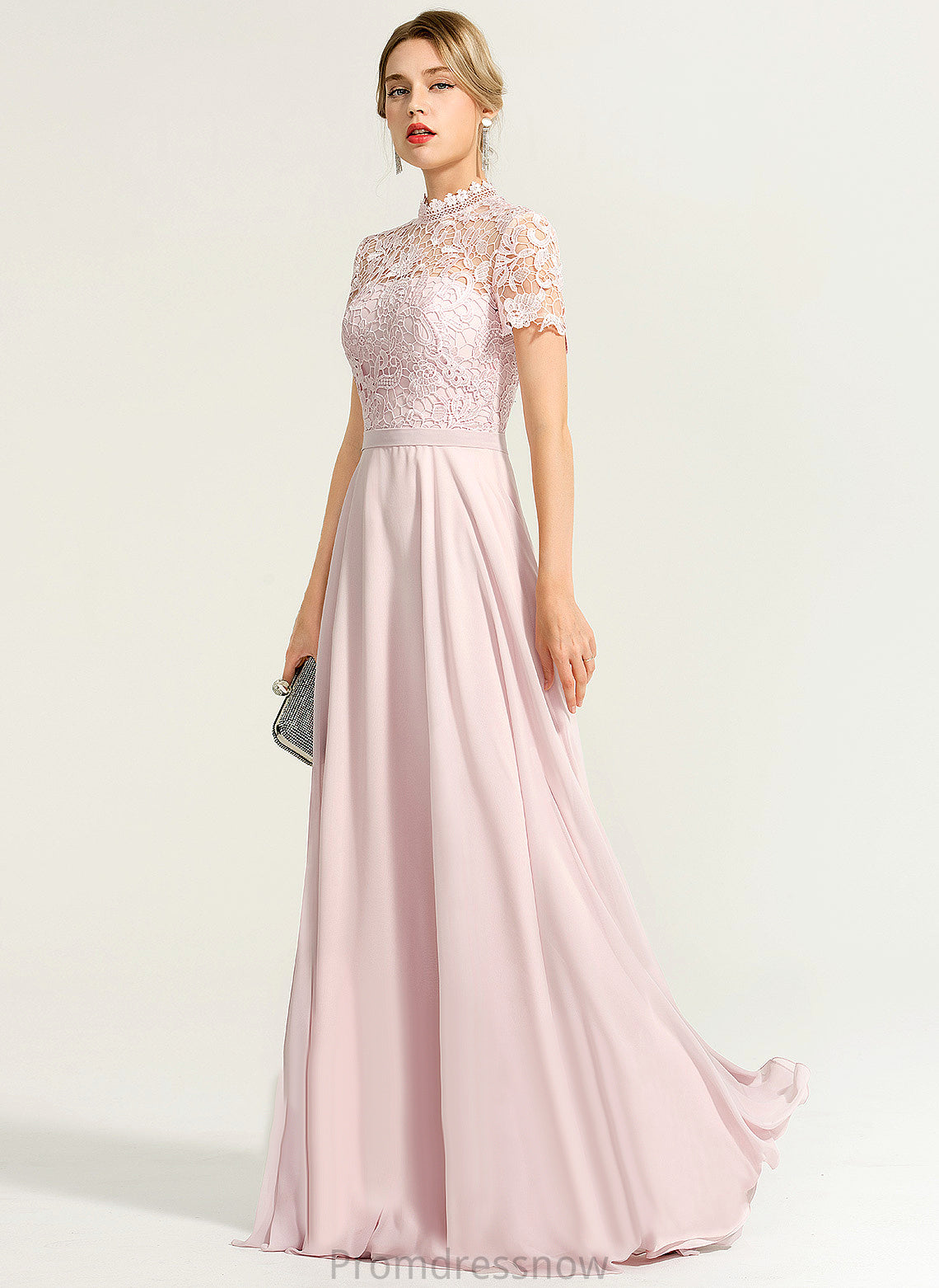 Prom Dresses Neck A-Line Chiffon Lace Floor-Length High Elsie Illusion