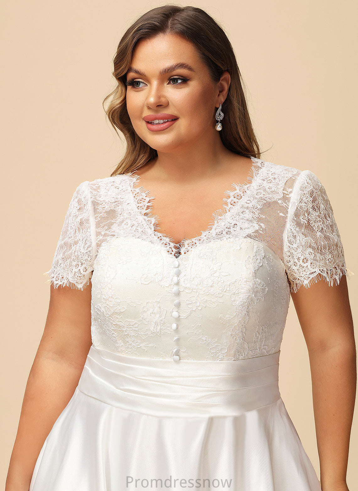 Dress Ellie Satin A-Line Wedding Tea-Length Lace Wedding Dresses Ruffle With V-neck