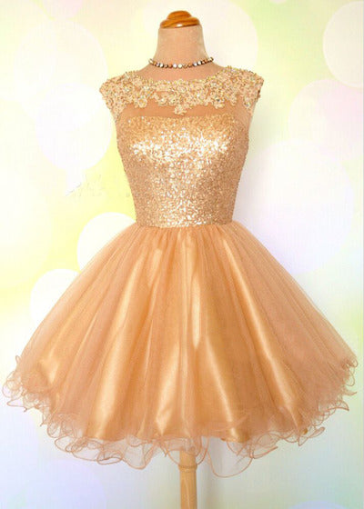 Cap Sleeve Jewel Appliques Sequins Sheer Homecoming Dresses Anastasia A Line Gold Organza Backless