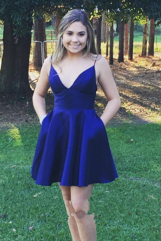 Deep V Neck Spaghetti Straps Pleated A Line Satin Ina Homecoming Dresses Royal Blue Sexy Short