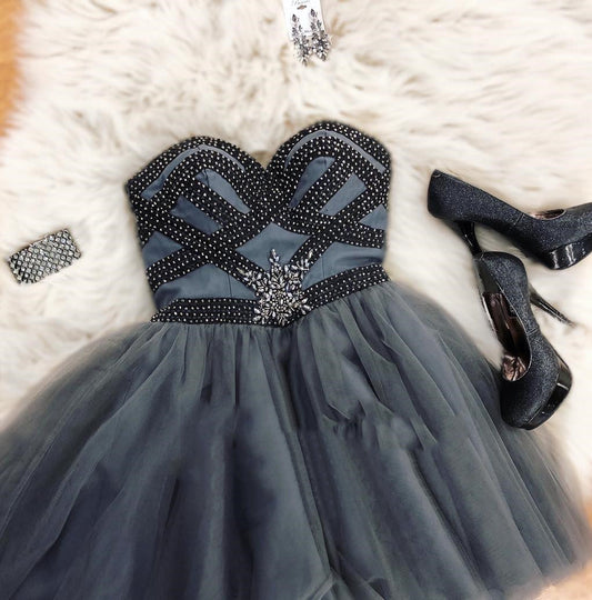 Dark Grey Strapless Sweetheart Beading Tulle Homecoming Dresses A Line Shiloh Pleated Short