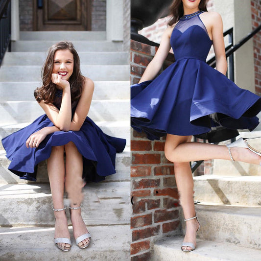 Halter See Through Navy Blue Pleated A Line Satin Homecoming Dresses Trudie Short Sleeveless