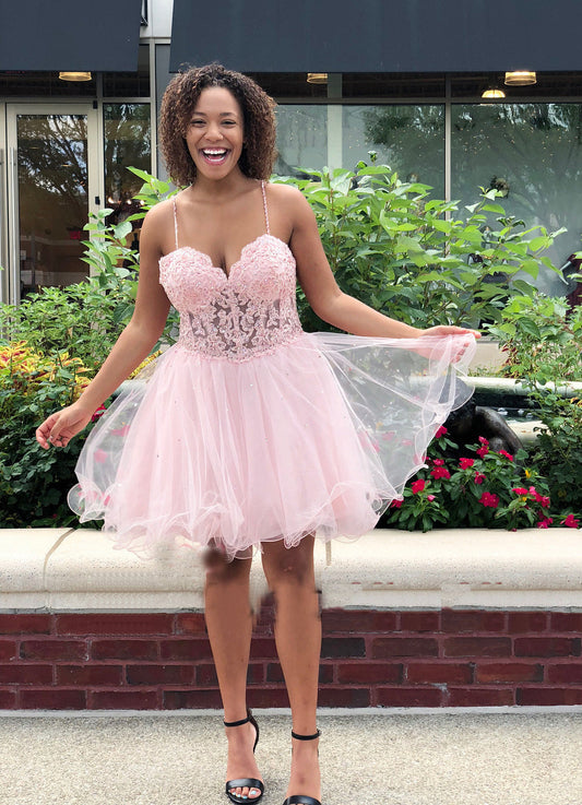 Spaghetti Straps Pink Lace Macey A Line Homecoming Dresses Sweetheart Organza Pleated Sexy