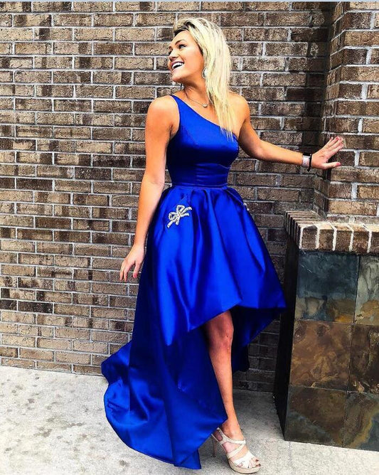 One Shoulder High Satin Jaelyn Royal Blue Homecoming Dresses Low Pleated Sleeveless Ball Gown