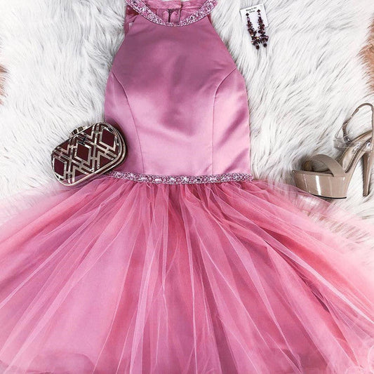 Halter Tulle Sleeveless Short Gabrielle A Line Pink Homecoming Dresses Pleated Simple Beading