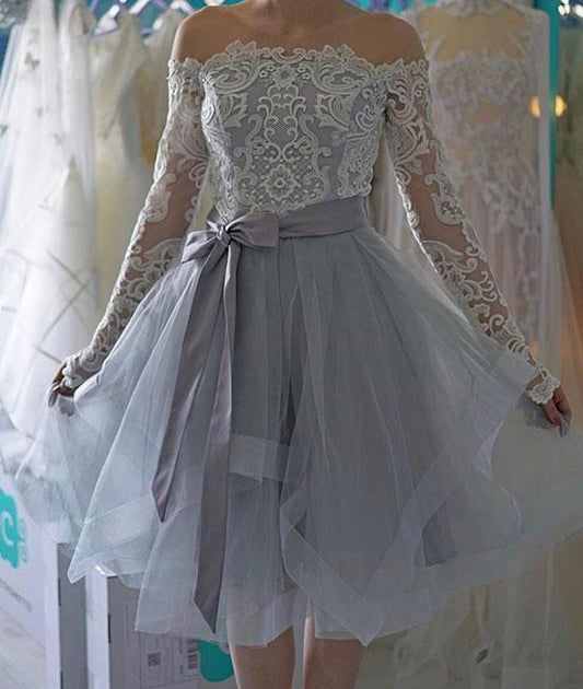 Off The Shoulder Homecoming Dresses A Line Maia Lace Long Sleeve Organza Lavender Bowknot