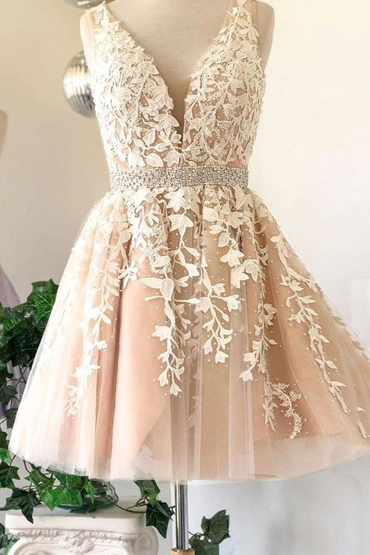 Deep V Neck Sleeveless Homecoming Dresses Lace A Line Ivory Jocelynn Tulle Appliques Pleated