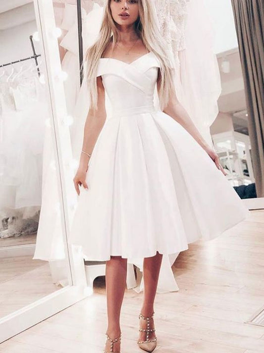 Off The Addison A Line Homecoming Dresses Satin Ivory Shoulder Pleated Knee Length