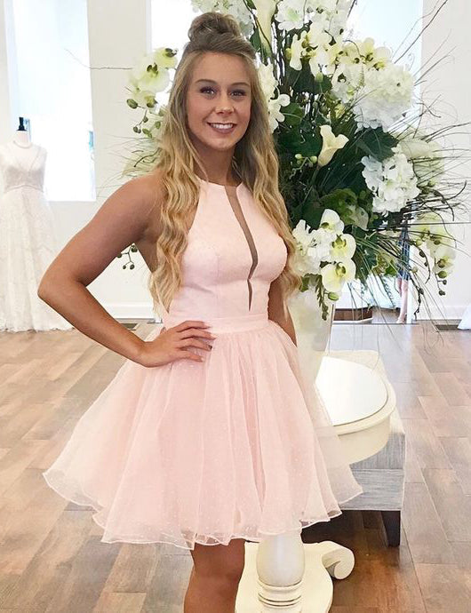 Halter Organza Short Pleated Sleeveless Homecoming Dresses Margery Pink A Line Simple Elegant