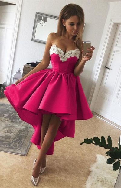 High Low Athena Homecoming Dresses A Line Fuchsia Strapless Sweetheart Appliques Pleated