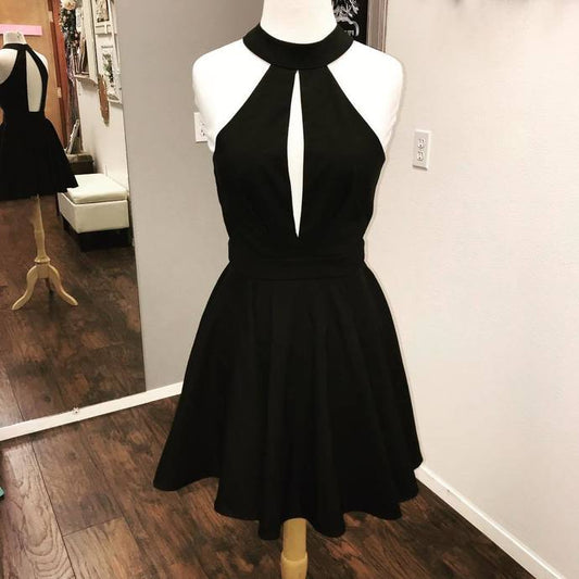 Homecoming Dresses A Line Satin Marin Halter Black Sleeveless Cut Out Pleated Backless Short