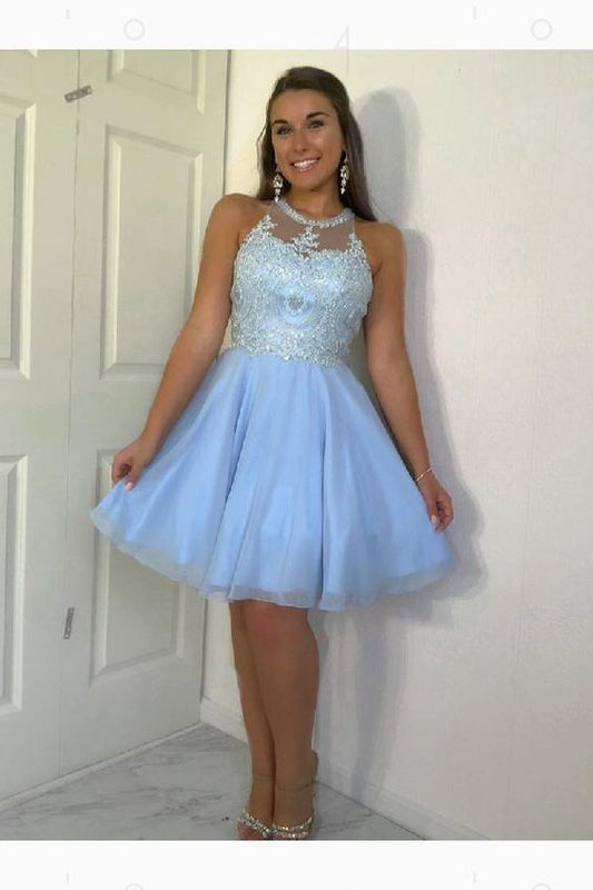 Kaydence Homecoming Dresses A Line Halter Pleated Tulle Appliques Knee Length Sleeveless