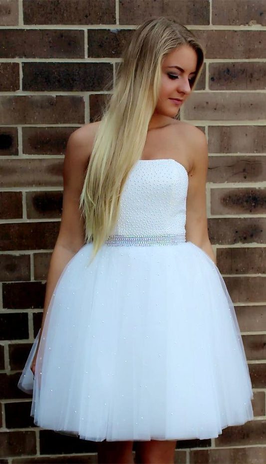 Strapless Adeline Homecoming Dresses Ball Gown Tulle Beading Short White Pleated Princess
